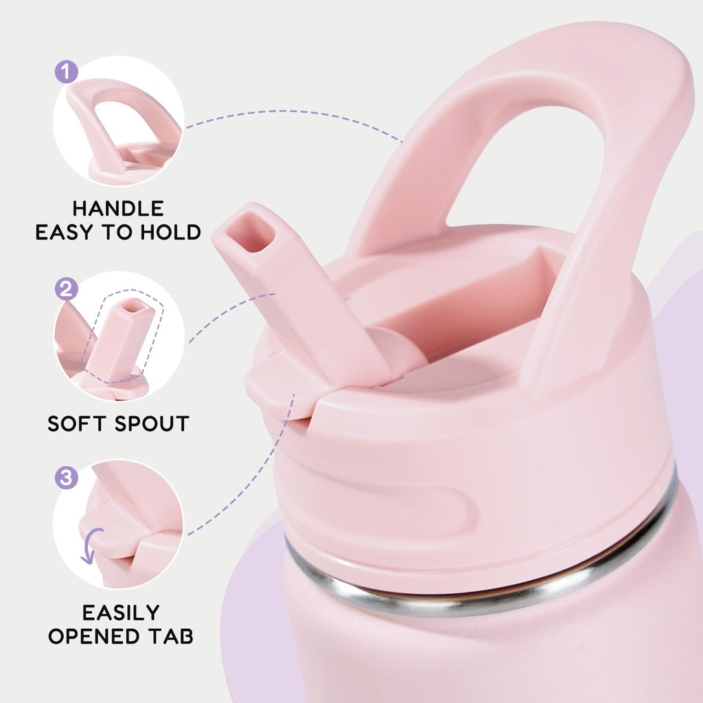 Fijinhom 12oz Kids Water Bottle for School, Toddler Bottles with Straws, Stainless Steel Vacuum Insulated Water Bottle for Boys&Girls, Leak-Proof, BPA-Free, Purple