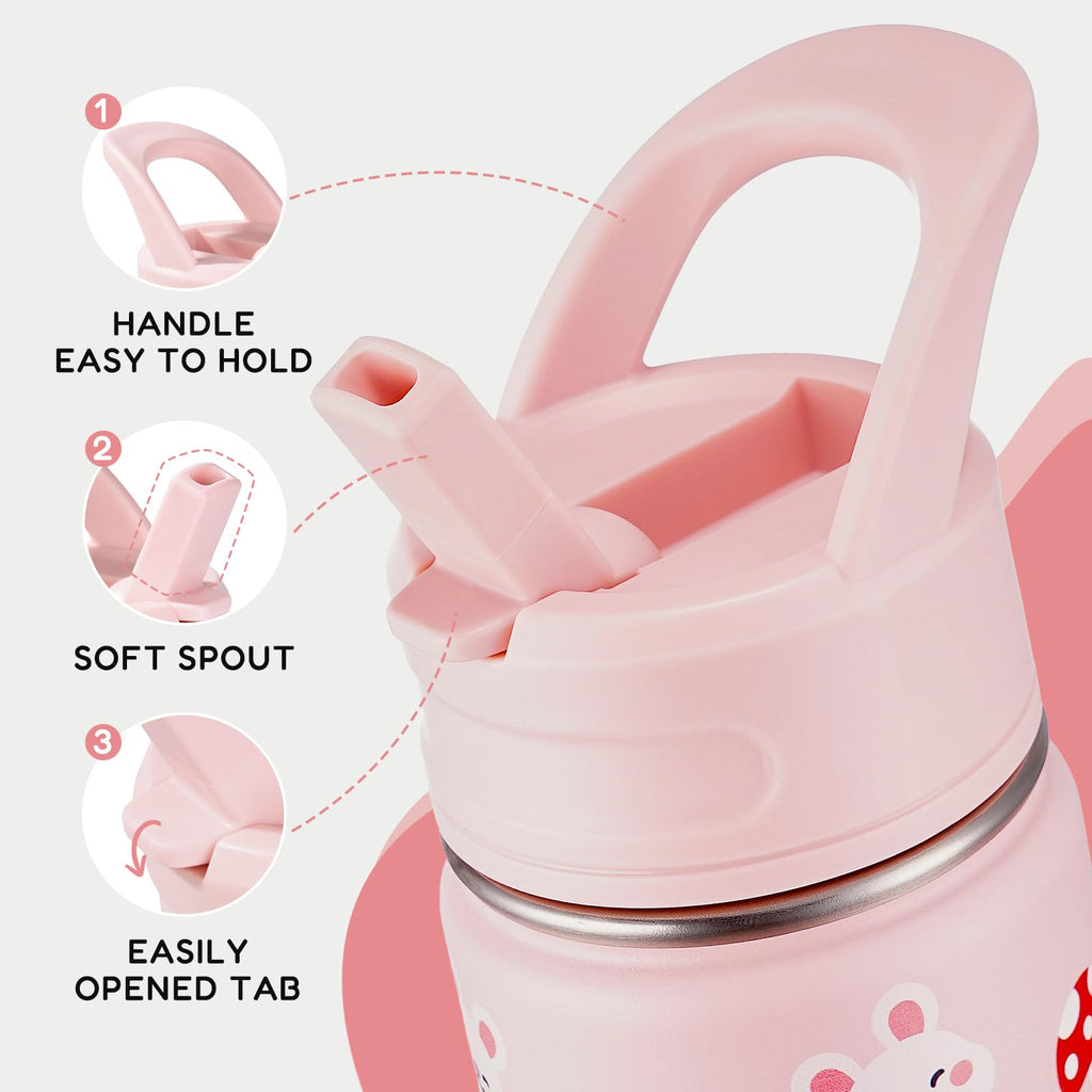 Fijinhom 12oz Kids Water Bottle for School, Toddler Bottles with Straws, Stainless Steel Vacuum Insulated Water Bottle for Boys&Girls, Leak-Proof, BPA-Free, Purple