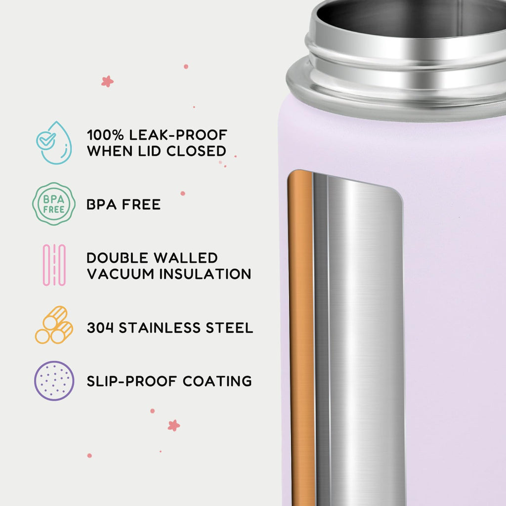 Fijinhom 12oz Kids Water Bottle for School, Toddler Bottles with Straws, Stainless Steel Vacuum Insulated Water Bottle for Boys&Girls, Leak-Proof, BPA-Free, Purple