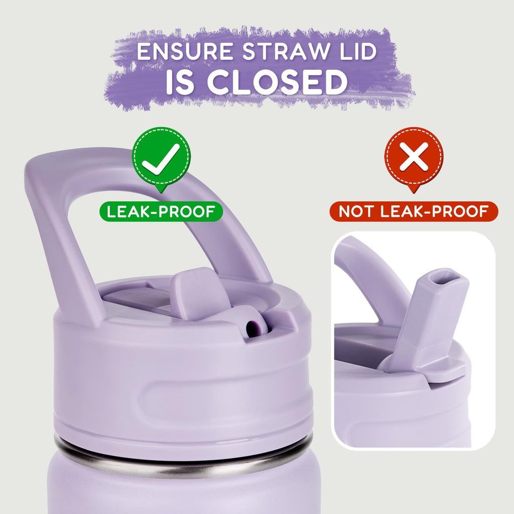 Fijinhom 12oz Kids Water Bottle for School, Toddler Bottles with Straws, Stainless Steel Vacuum Insulated Water Bottle for Boys&Girls, Leak-Proof, BPA-Free, Purple