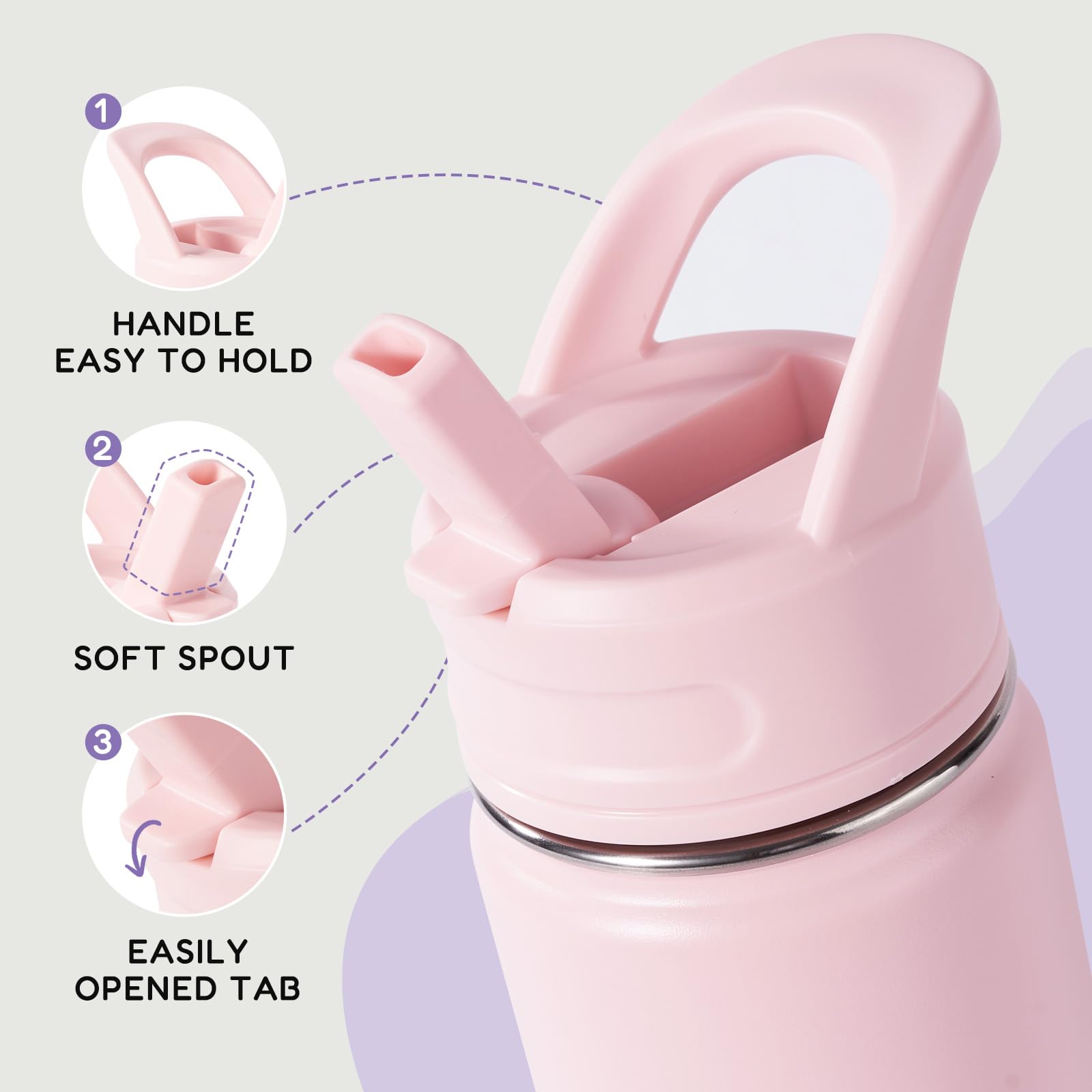 Fijinhom 12oz Kids Water Bottle for School, Toddler Bottles with Straws, Stainless Steel Vacuum Insulated Water Bottle for Boys&Girls, Leak-Proof, BPA-Free, Purple