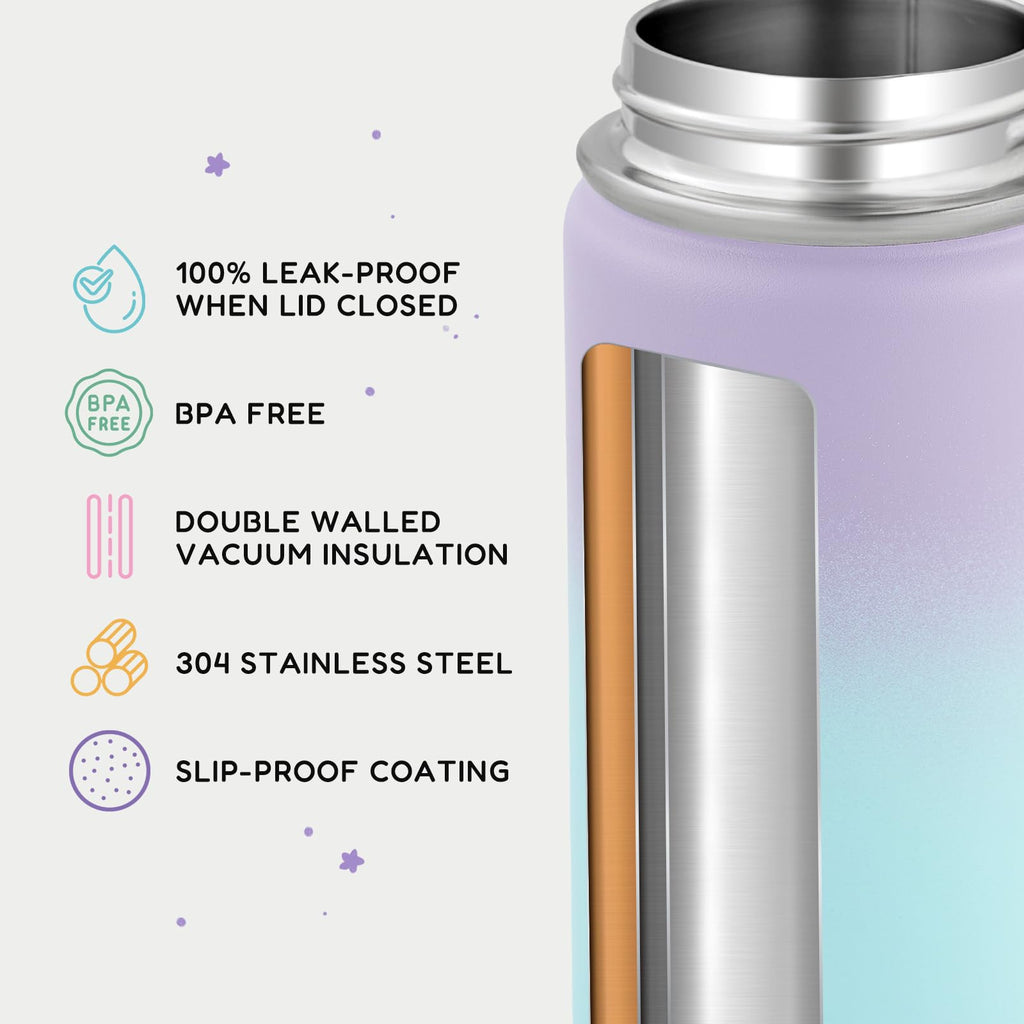 Fijinhom 12oz Kids Water Bottle for School, Toddler Bottles with Straws, Stainless Steel Vacuum Insulated Water Bottle for Boys&Girls, Leak-Proof, BPA-Free, Purple