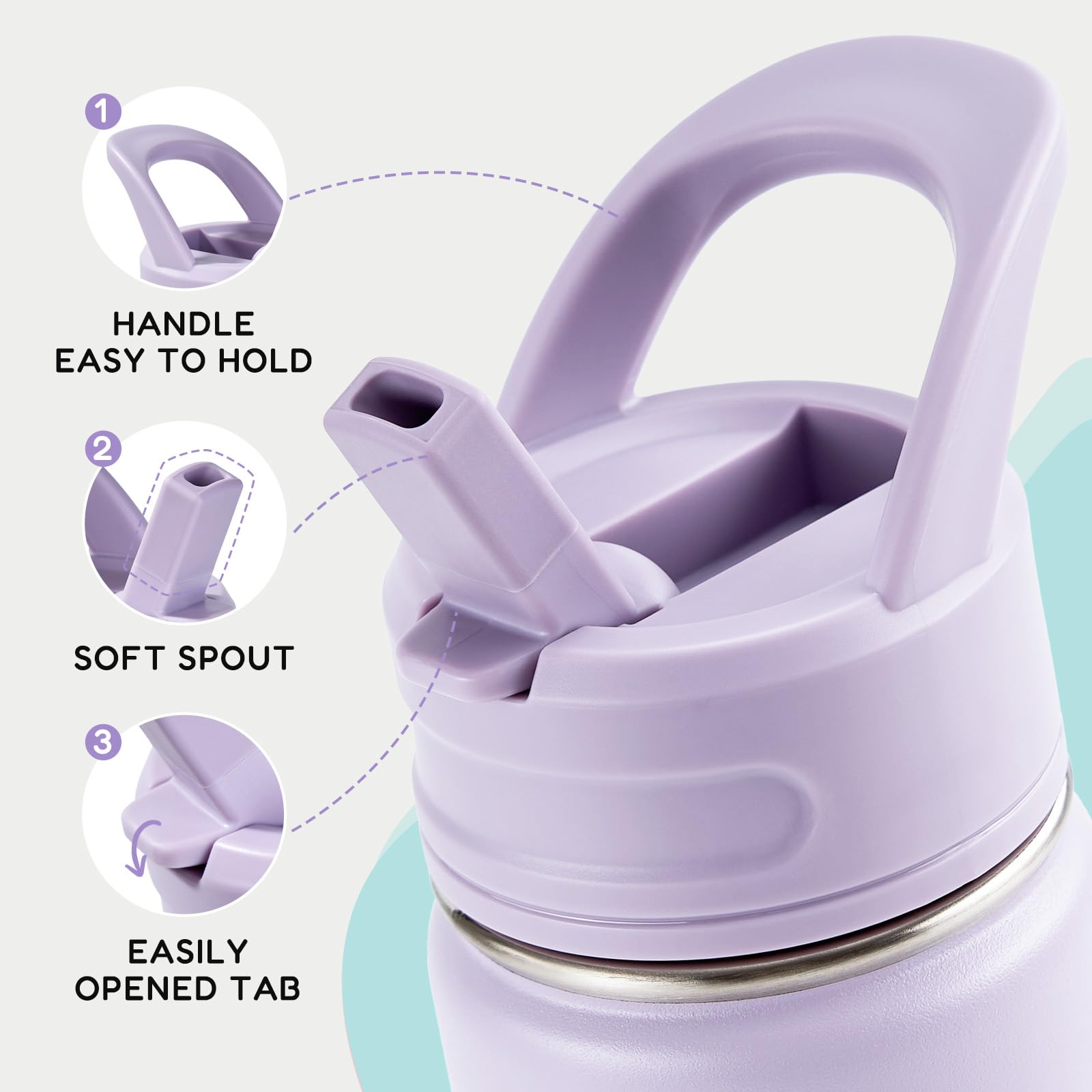 Fijinhom 12oz Kids Water Bottle for School, Toddler Bottles with Straws, Stainless Steel Vacuum Insulated Water Bottle for Boys&Girls, Leak-Proof, BPA-Free, Purple