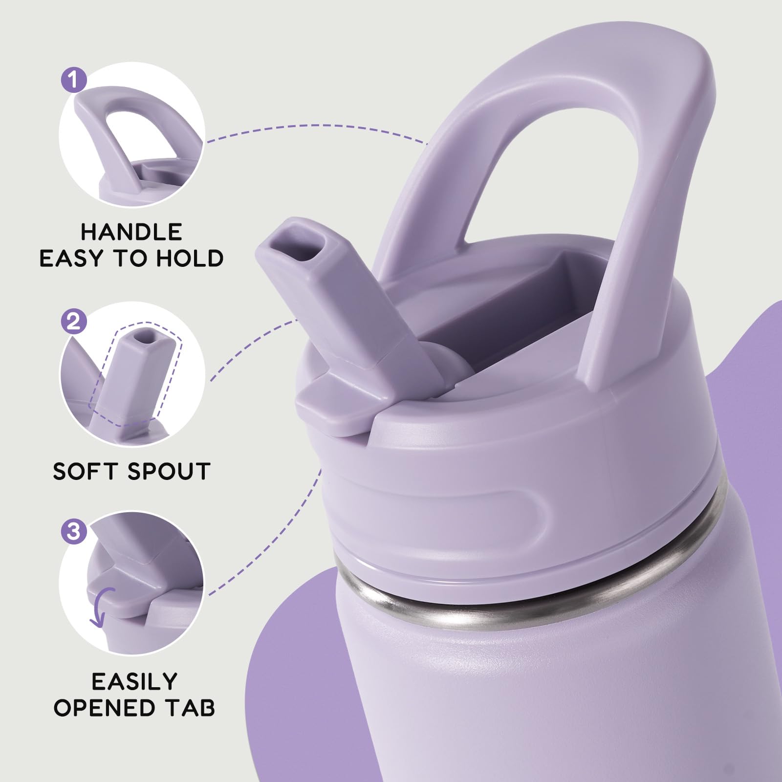 Fijinhom 12oz Kids Water Bottle for School, Toddler Bottles with Straws, Stainless Steel Vacuum Insulated Water Bottle for Boys&Girls, Leak-Proof, BPA-Free, Purple