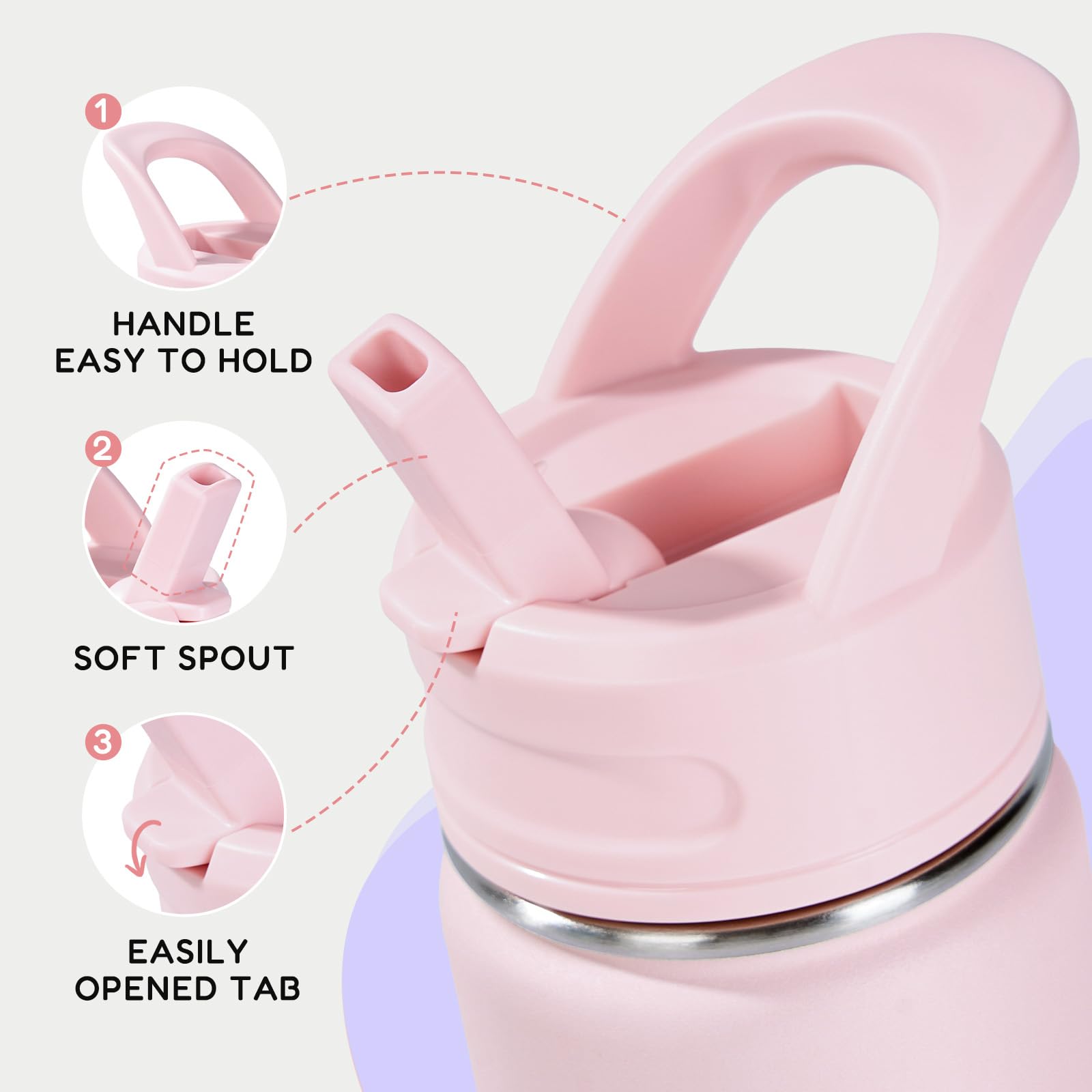 Fijinhom 12oz Kids Water Bottle for School, Toddler Bottles with Straws, Stainless Steel Vacuum Insulated Water Bottle for Boys&Girls, Leak-Proof, BPA-Free, Purple