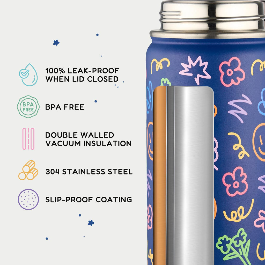 Fijinhom 12oz Kids Water Bottle for School, Toddler Bottles with Straws, Stainless Steel Vacuum Insulated Water Bottle for Boys&Girls, Leak-Proof, BPA-Free, Purple