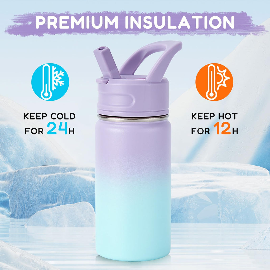 Fijinhom 12oz Kids Water Bottle for School, Toddler Bottles with Straws, Stainless Steel Vacuum Insulated Water Bottle for Boys&Girls, Leak-Proof, BPA-Free, Purple