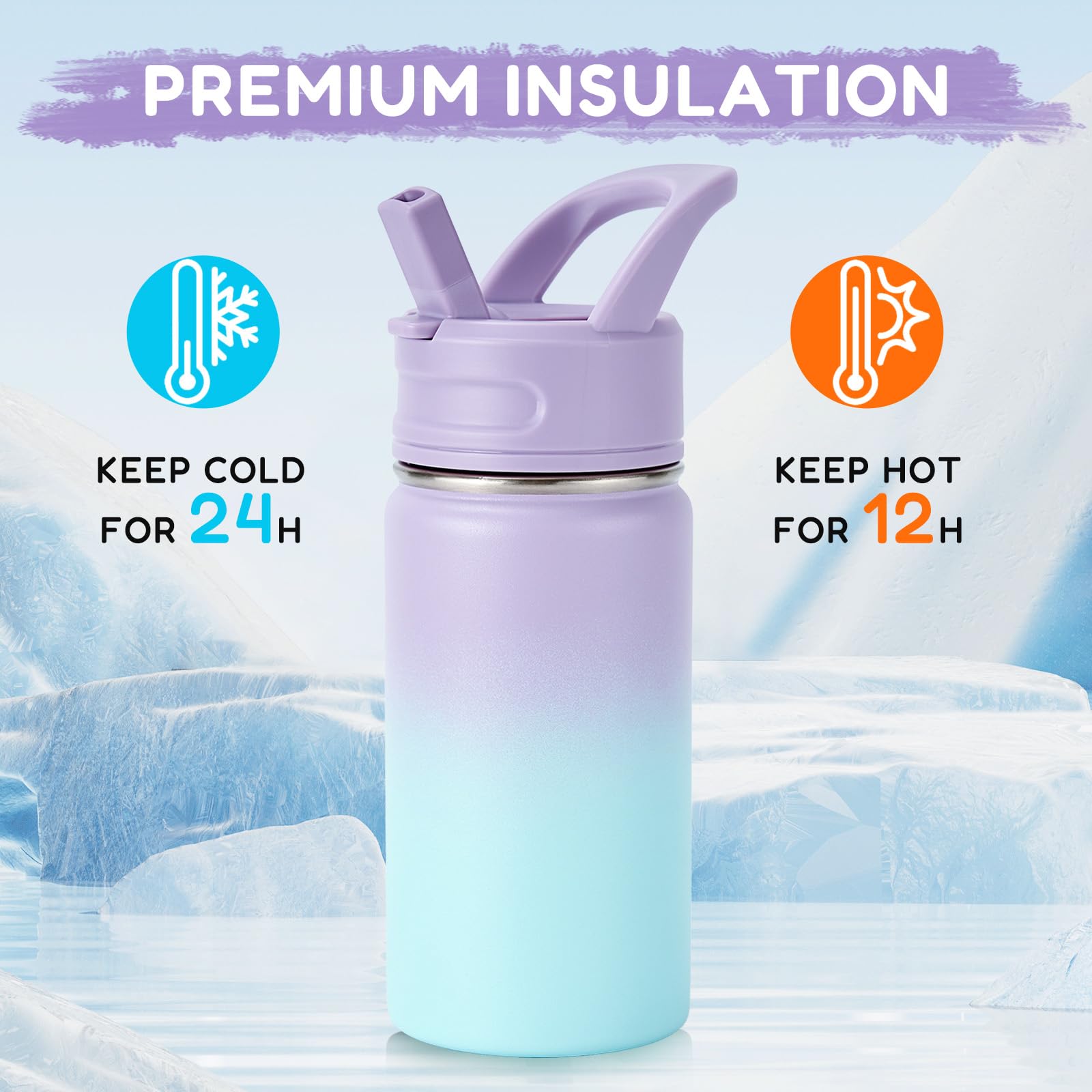Fijinhom 12oz Kids Water Bottle for School, Toddler Bottles with Straws, Stainless Steel Vacuum Insulated Water Bottle for Boys&Girls, Leak-Proof, BPA-Free, Purple
