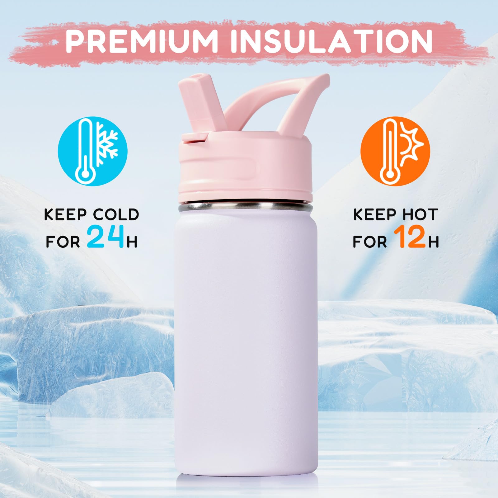 Fijinhom 12oz Kids Water Bottle for School, Toddler Bottles with Straws, Stainless Steel Vacuum Insulated Water Bottle for Boys&Girls, Leak-Proof, BPA-Free, Purple