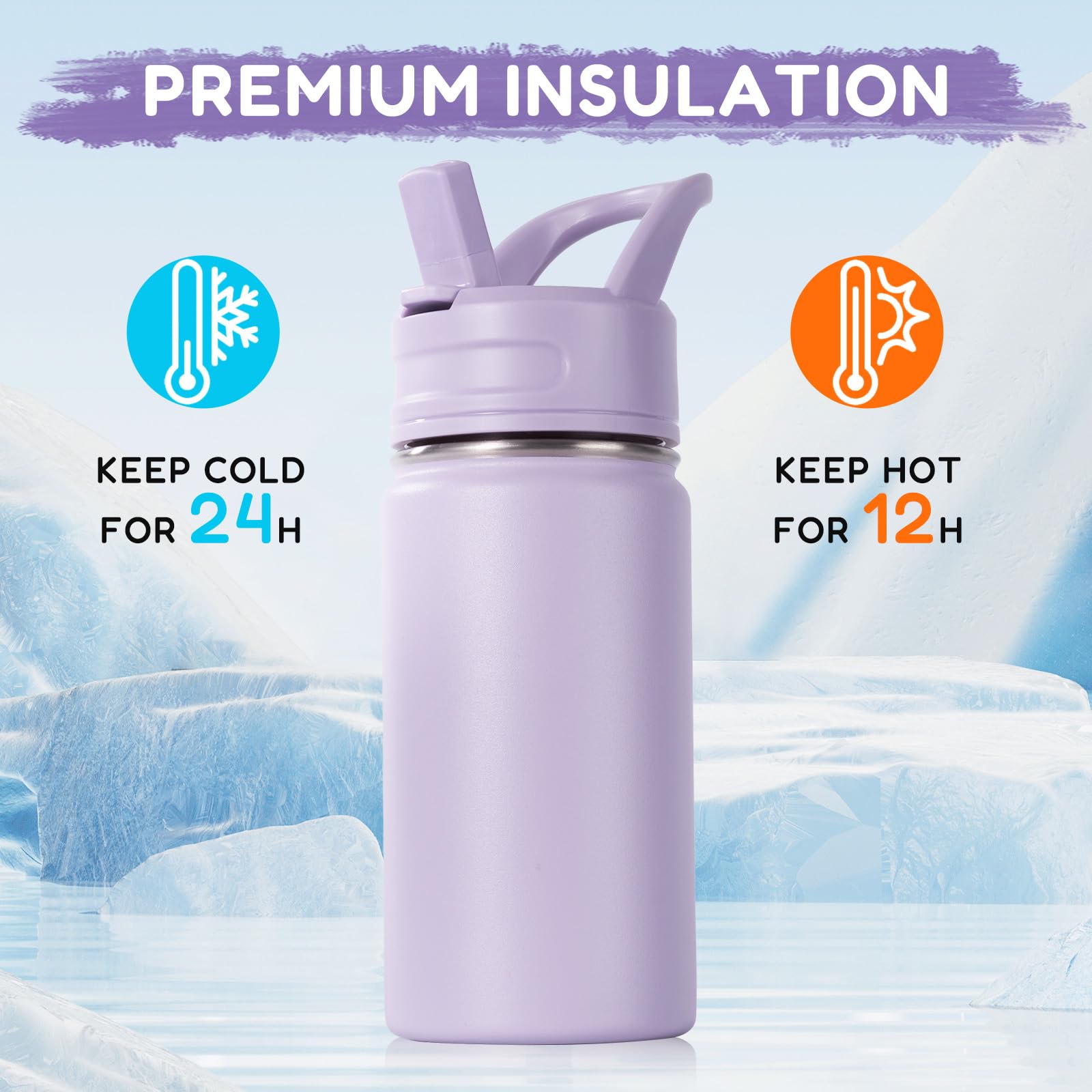 Fijinhom 12oz Kids Water Bottle for School, Toddler Bottles with Straws, Stainless Steel Vacuum Insulated Water Bottle for Boys&Girls, Leak-Proof, BPA-Free, Purple