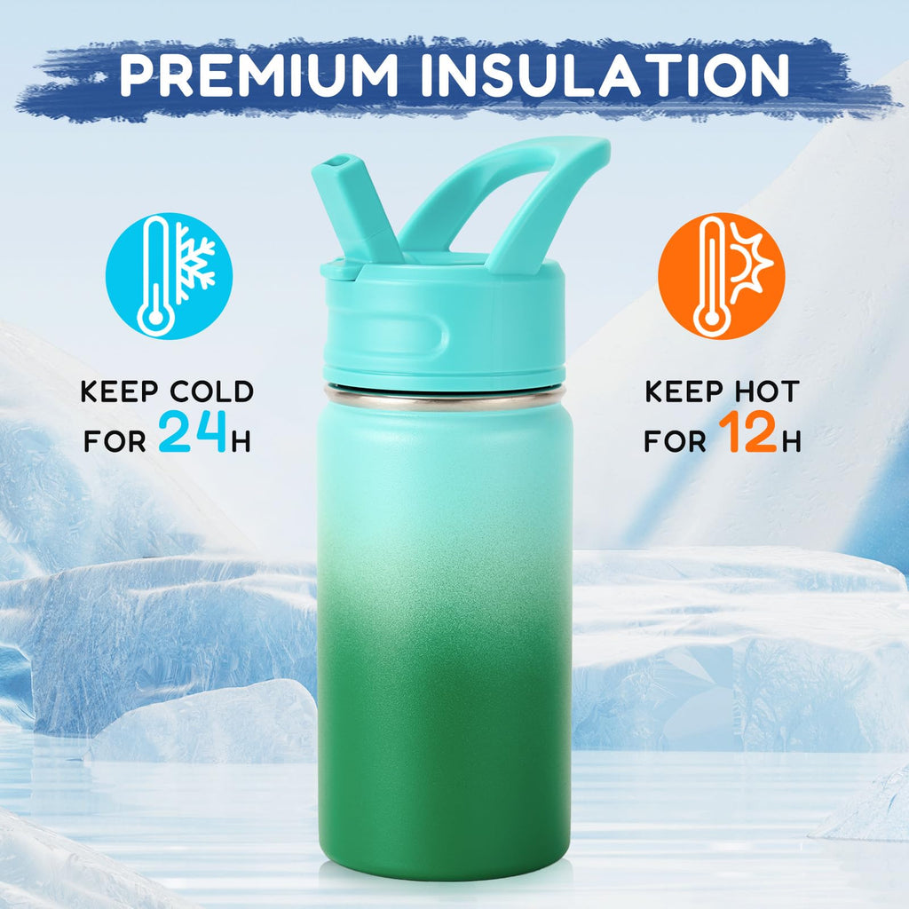 Fijinhom 12oz Kids Water Bottle for School, Toddler Bottles with Straws, Stainless Steel Vacuum Insulated Water Bottle for Boys&Girls, Leak-Proof, BPA-Free, Purple