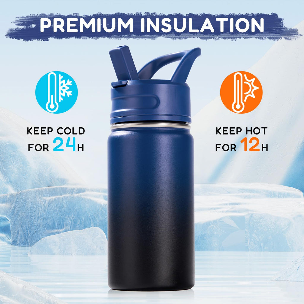 Fijinhom 12oz Kids Water Bottle for School, Toddler Bottles with Straws, Stainless Steel Vacuum Insulated Water Bottle for Boys&Girls, Leak-Proof, BPA-Free, Purple