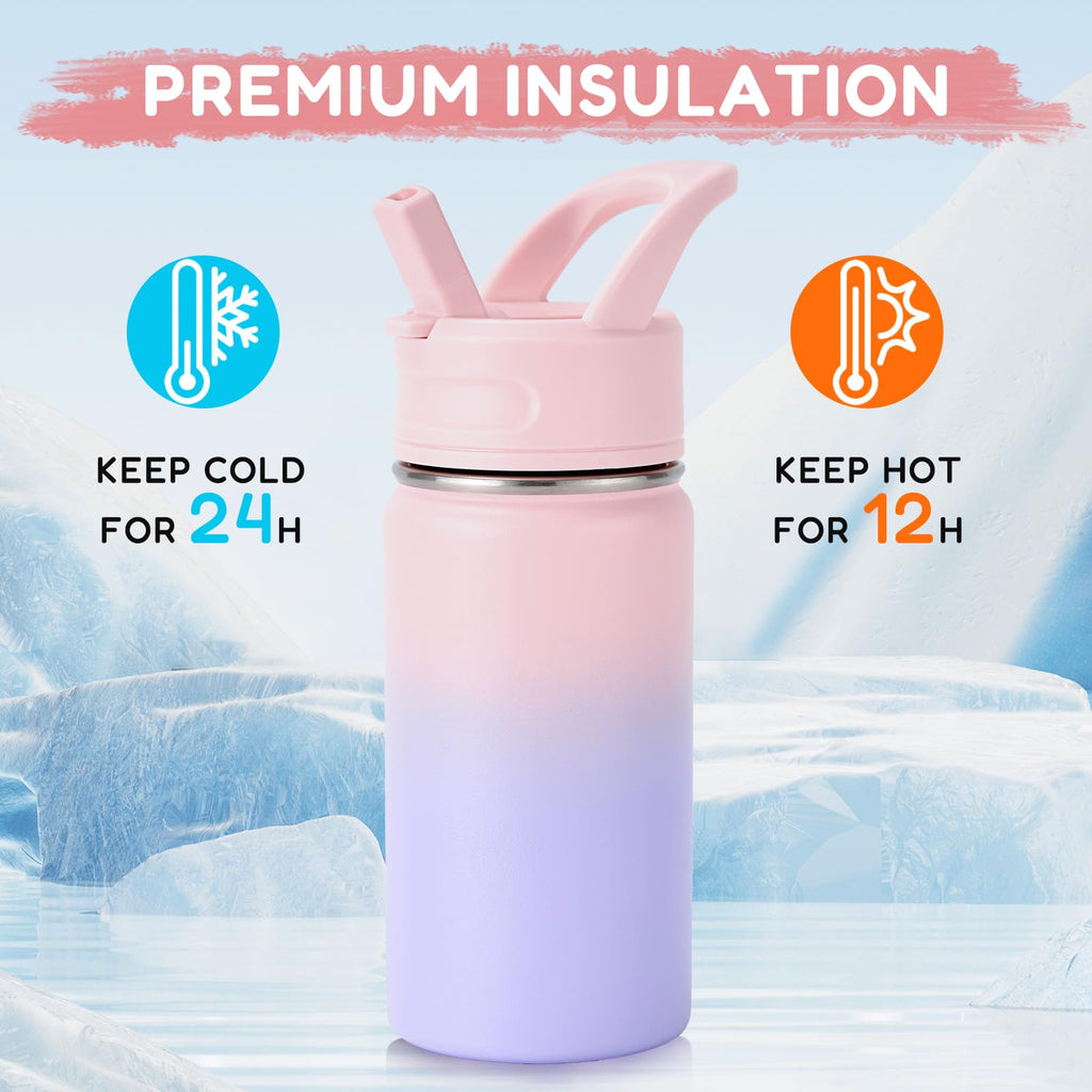Fijinhom 12oz Kids Water Bottle for School, Toddler Bottles with Straws, Stainless Steel Vacuum Insulated Water Bottle for Boys&Girls, Leak-Proof, BPA-Free, Purple
