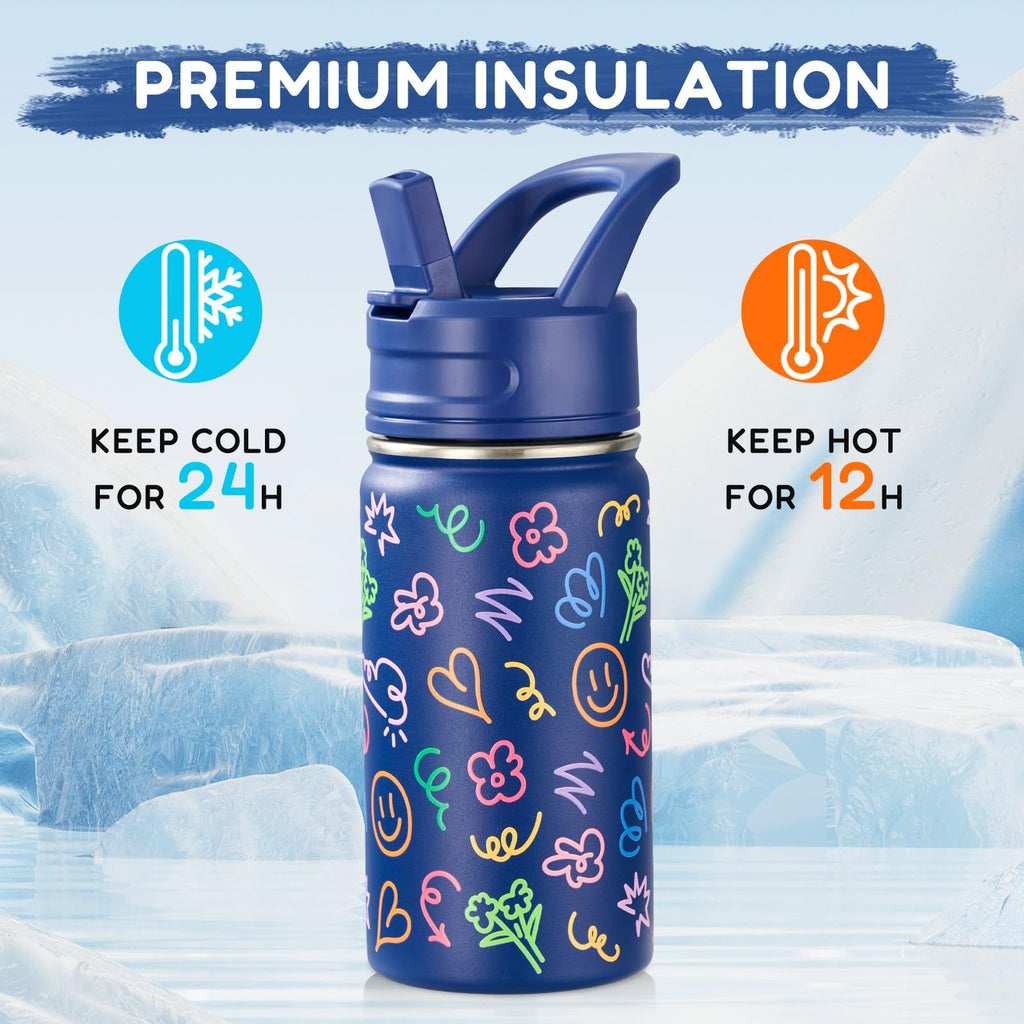 Fijinhom 12oz Kids Water Bottle for School, Toddler Bottles with Straws, Stainless Steel Vacuum Insulated Water Bottle for Boys&Girls, Leak-Proof, BPA-Free, Purple