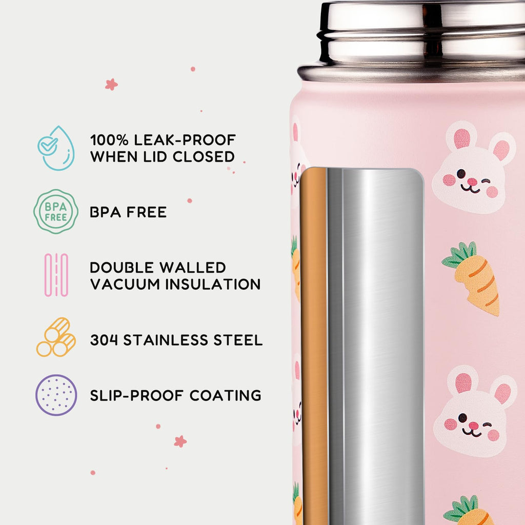 Fijinhom 12oz Kids Water Bottle for School, Toddler Bottles with Straws, Stainless Steel Vacuum Insulated Water Bottle for Boys&Girls, Leak-Proof, BPA-Free, Purple