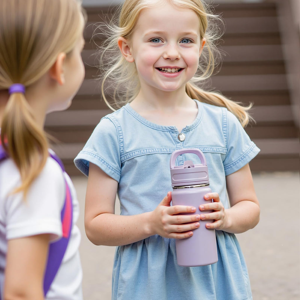 Fijinhom 12oz Kids Water Bottle for School, Toddler Bottles with Straws, Stainless Steel Vacuum Insulated Water Bottle for Boys&Girls, Leak-Proof, BPA-Free, Purple