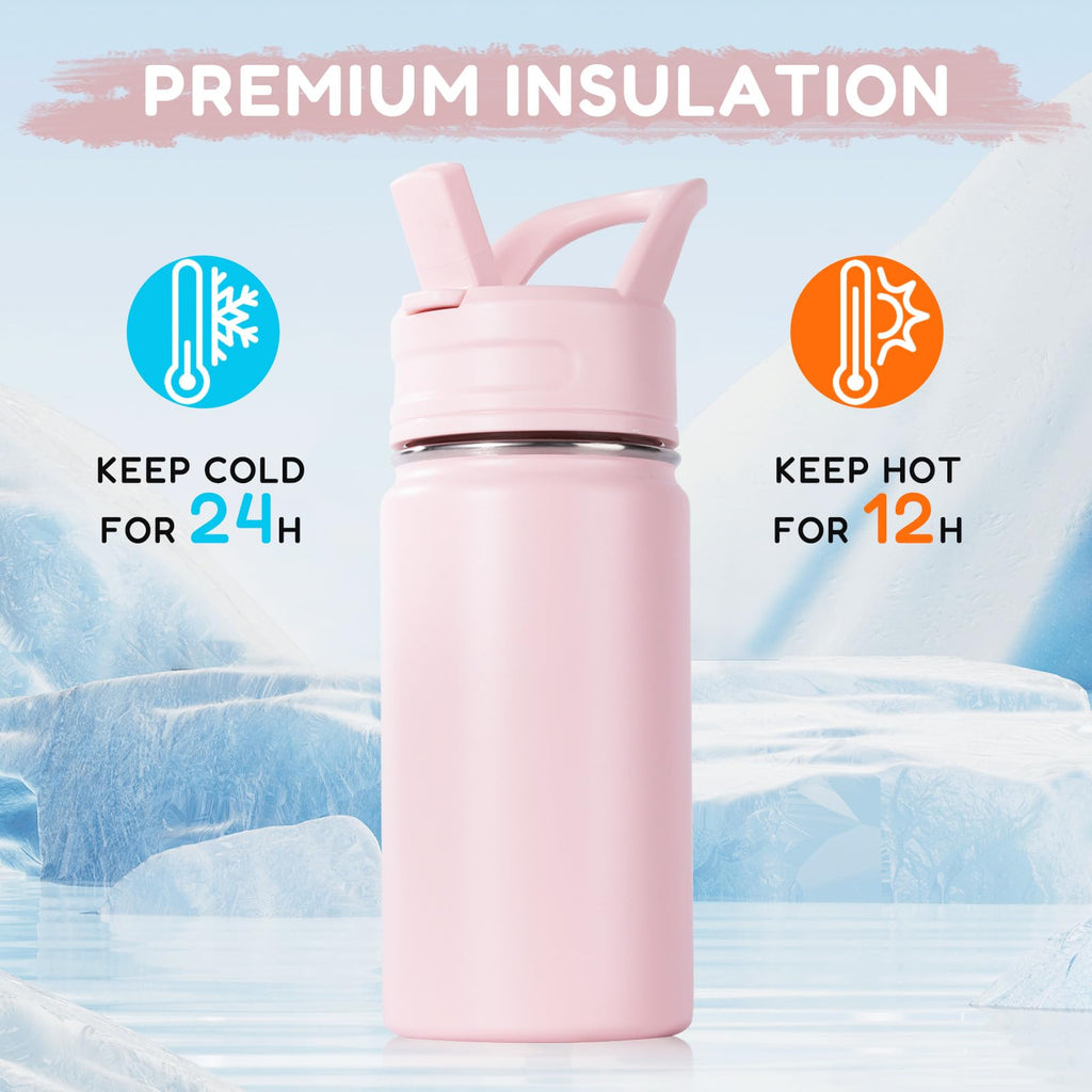 Fijinhom 12oz Kids Water Bottle for School, Toddler Bottles with Straws, Stainless Steel Vacuum Insulated Water Bottle for Boys&Girls, Leak-Proof, BPA-Free, Purple