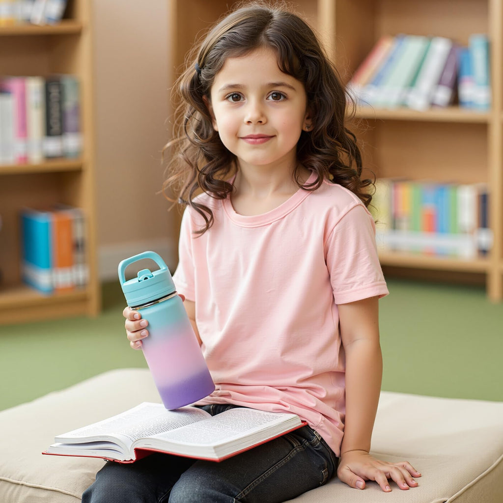 Fijinhom 12oz Kids Water Bottle for School, Toddler Bottles with Straws, Stainless Steel Vacuum Insulated Water Bottle for Boys&Girls, Leak-Proof, BPA-Free, Purple