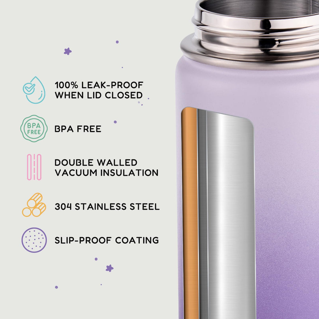 Fijinhom 12oz Kids Water Bottle for School, Toddler Bottles with Straws, Stainless Steel Vacuum Insulated Water Bottle for Boys&Girls, Leak-Proof, BPA-Free, Purple
