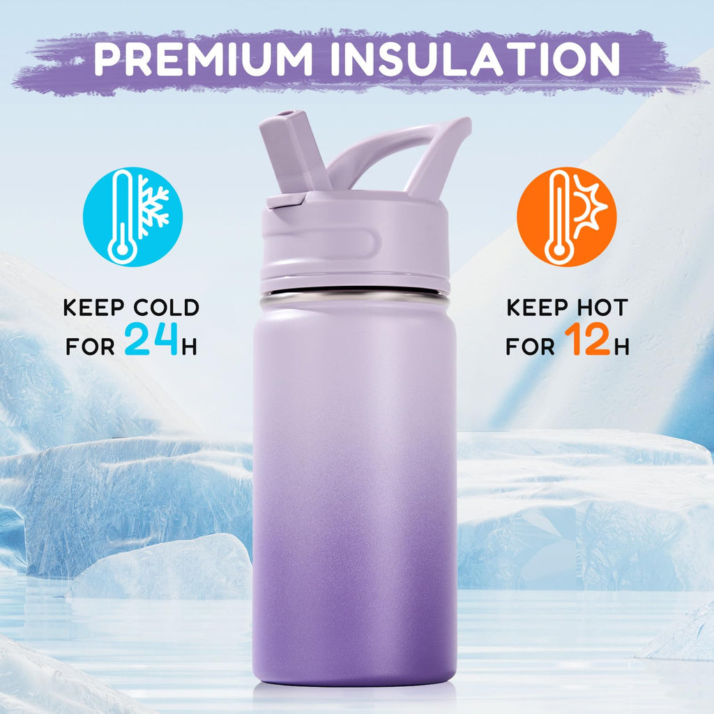 Fijinhom 12oz Kids Water Bottle for School, Toddler Bottles with Straws, Stainless Steel Vacuum Insulated Water Bottle for Boys&Girls, Leak-Proof, BPA-Free, Purple