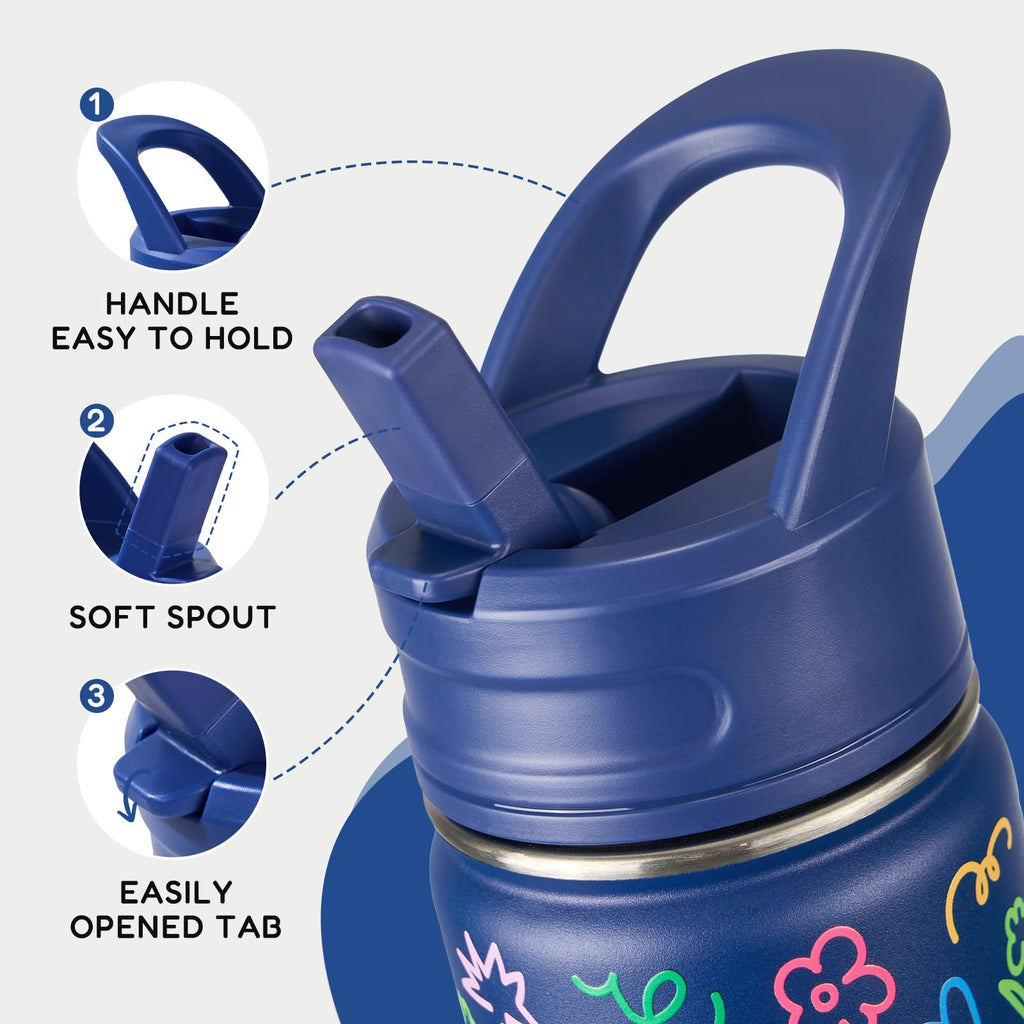 Fijinhom 12oz Kids Water Bottle for School, Toddler Bottles with Straws, Stainless Steel Vacuum Insulated Water Bottle for Boys&Girls, Leak-Proof, BPA-Free, Purple