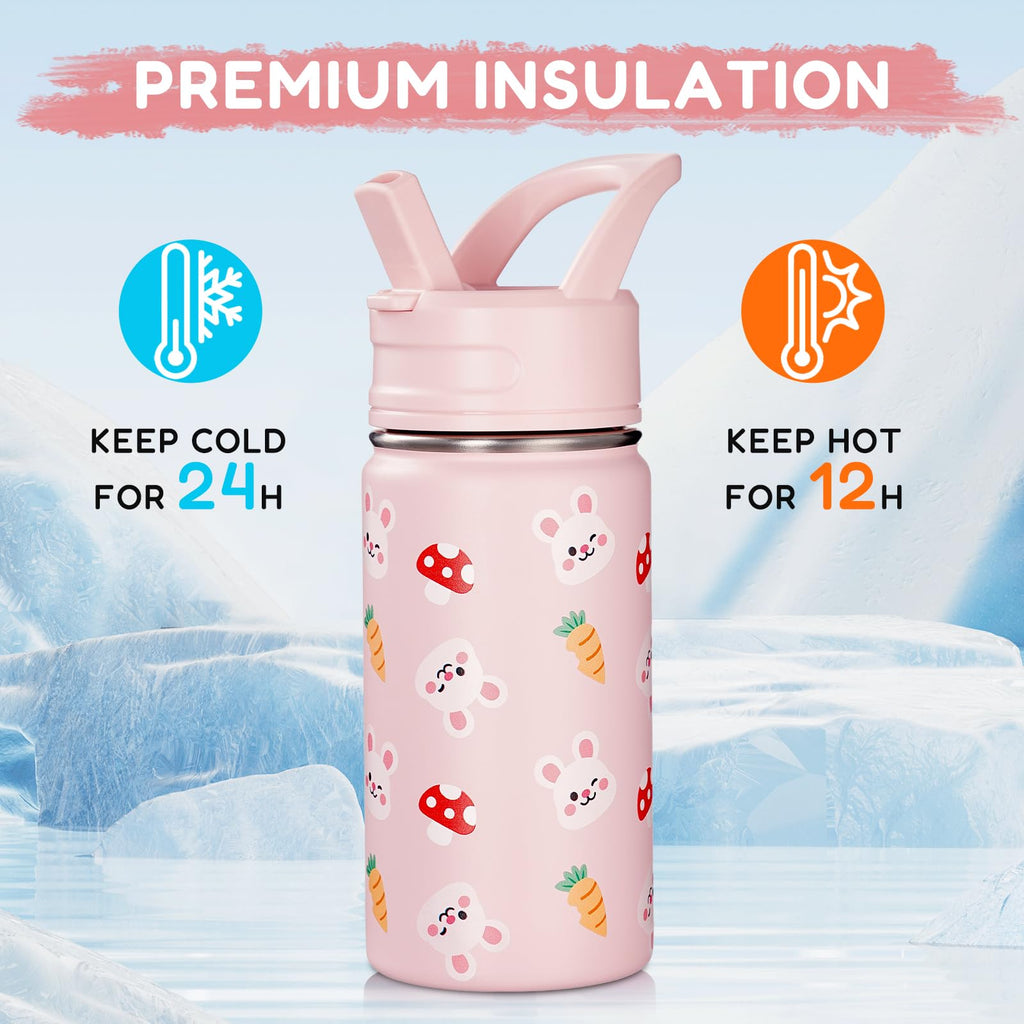 Fijinhom 12oz Kids Water Bottle for School, Toddler Bottles with Straws, Stainless Steel Vacuum Insulated Water Bottle for Boys&Girls, Leak-Proof, BPA-Free, Purple