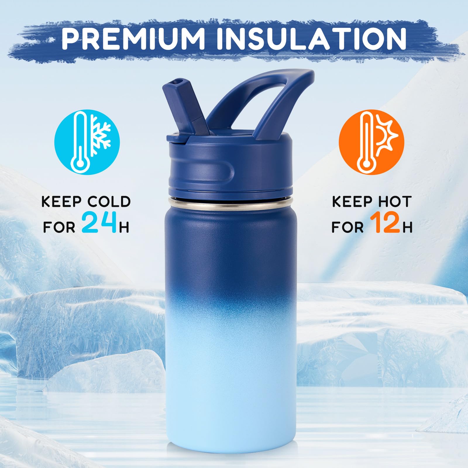 Fijinhom 12oz Kids Water Bottle for School, Toddler Bottles with Straws, Stainless Steel Vacuum Insulated Water Bottle for Boys&Girls, Leak-Proof, BPA-Free, Purple