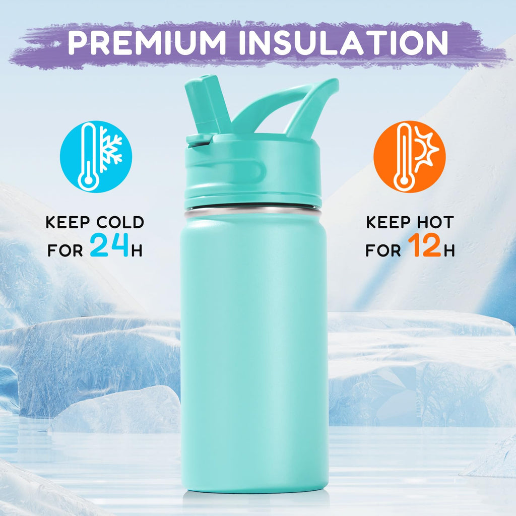 Fijinhom 12oz Kids Water Bottle for School, Toddler Bottles with Straws, Stainless Steel Vacuum Insulated Water Bottle for Boys&Girls, Leak-Proof, BPA-Free, Purple