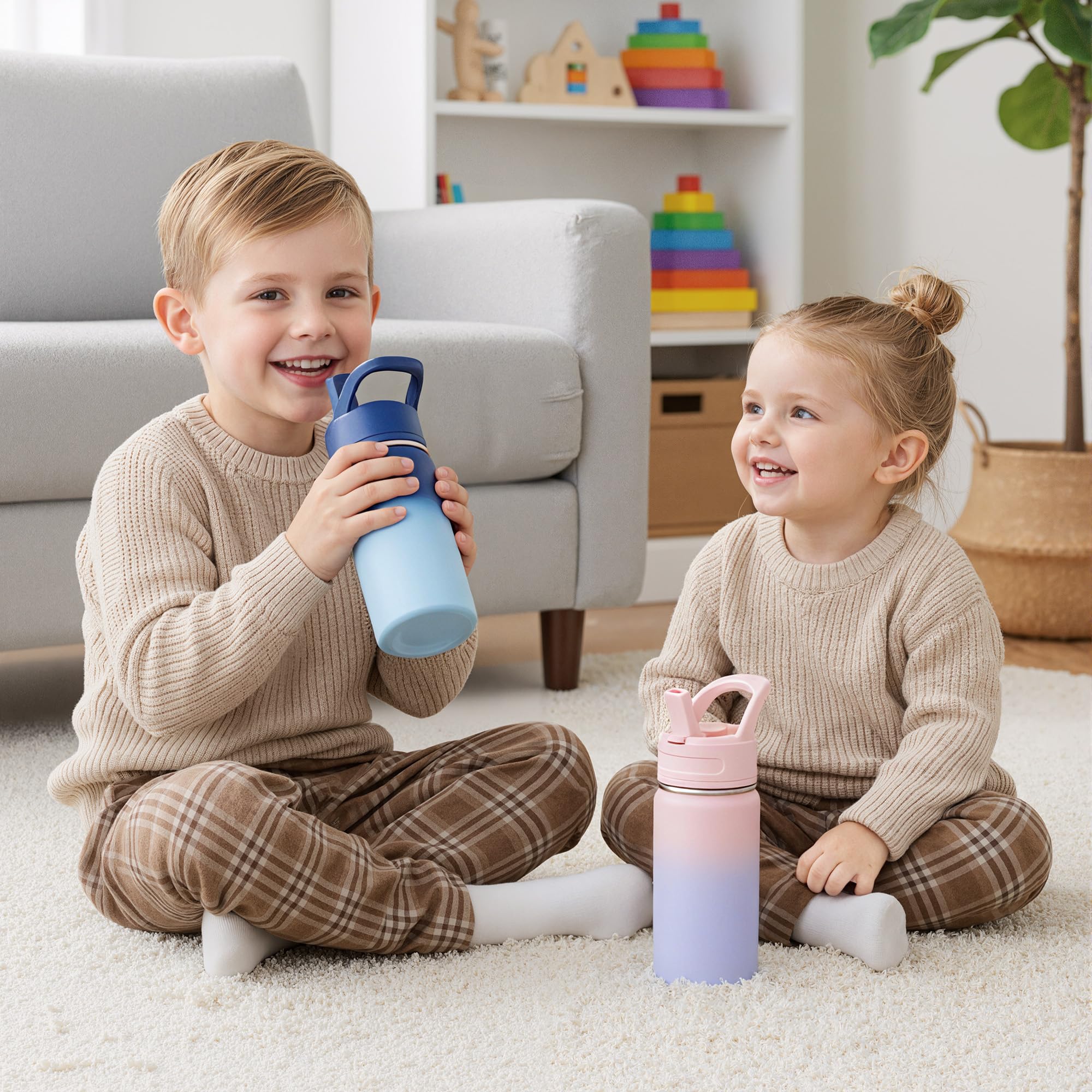 Fijinhom 12oz Kids Water Bottle for School, Toddler Bottles with Straws, Stainless Steel Vacuum Insulated Water Bottle for Boys&Girls, Leak-Proof, BPA-Free, Purple